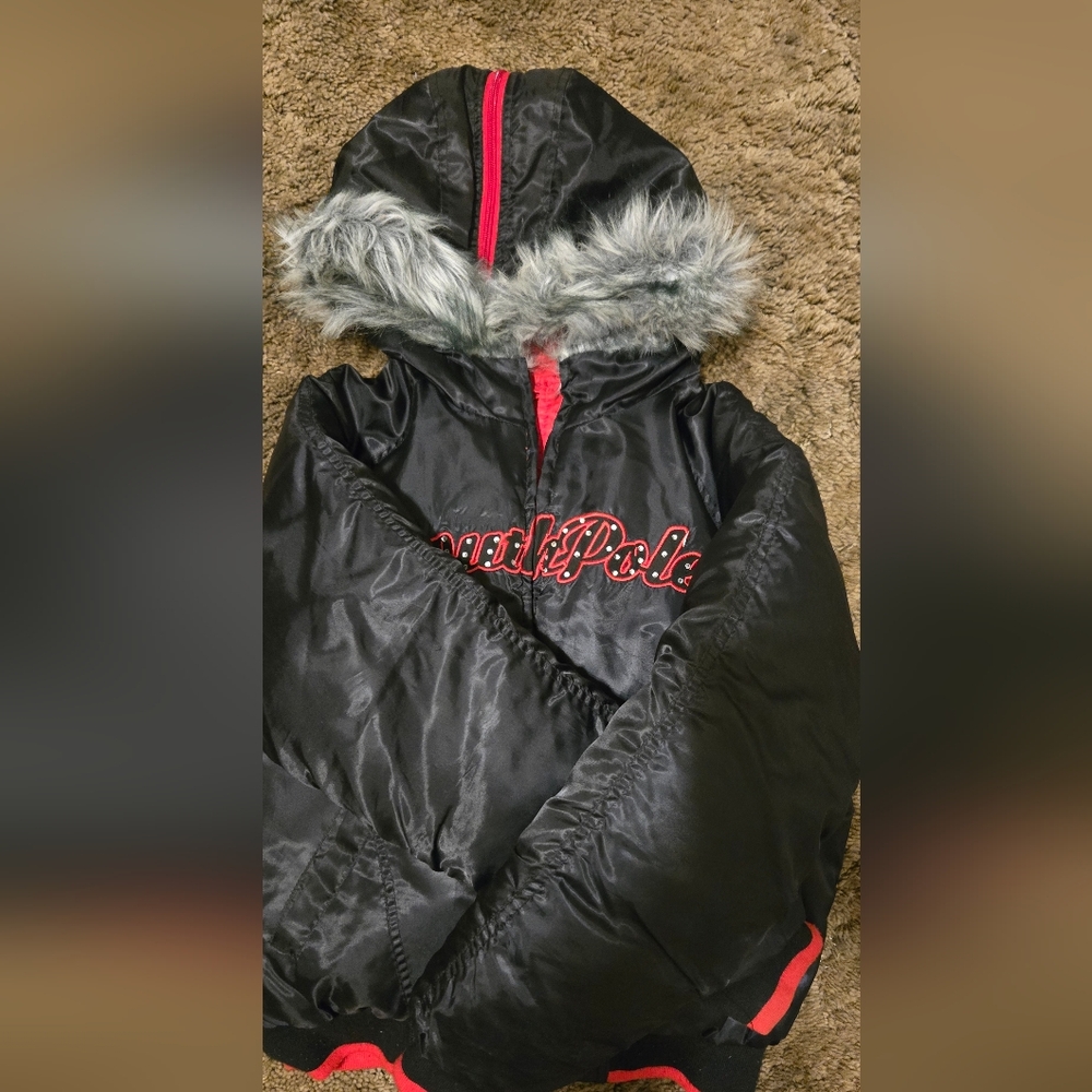 Southpole Crop Puff Reversabile Red And Black Hooded Jacket with Faux Fur Trim